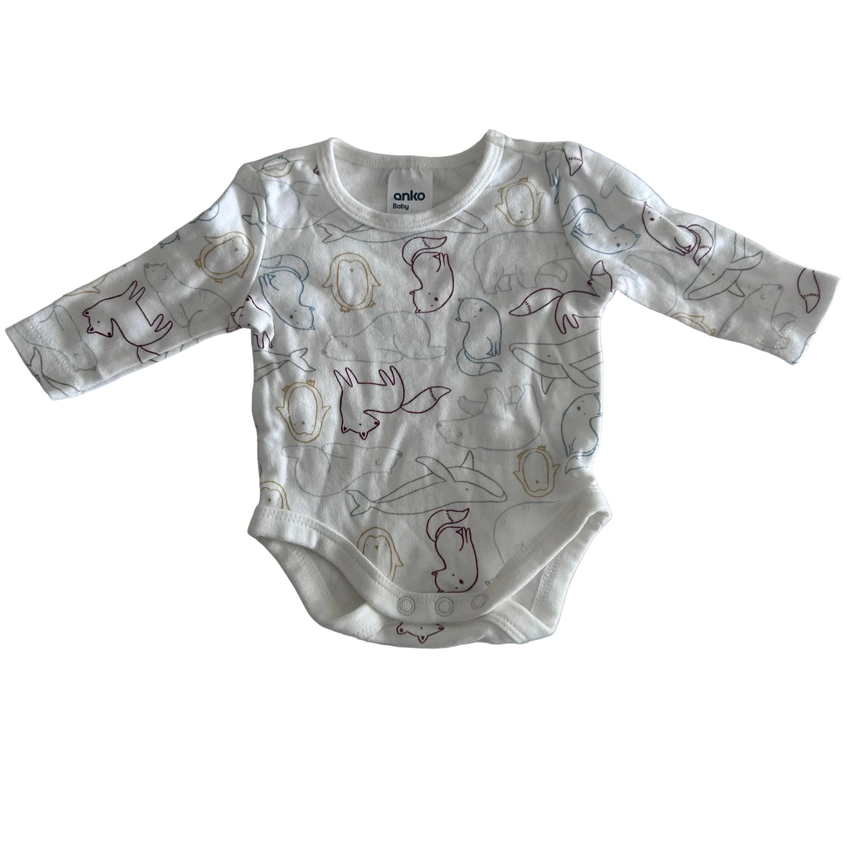 Anko Baby Age 0000 long sleeve bodysuit in white with outline animal print (penguins, polar bears, whales, rabbits, birds in multicolour lines) — like new condition.