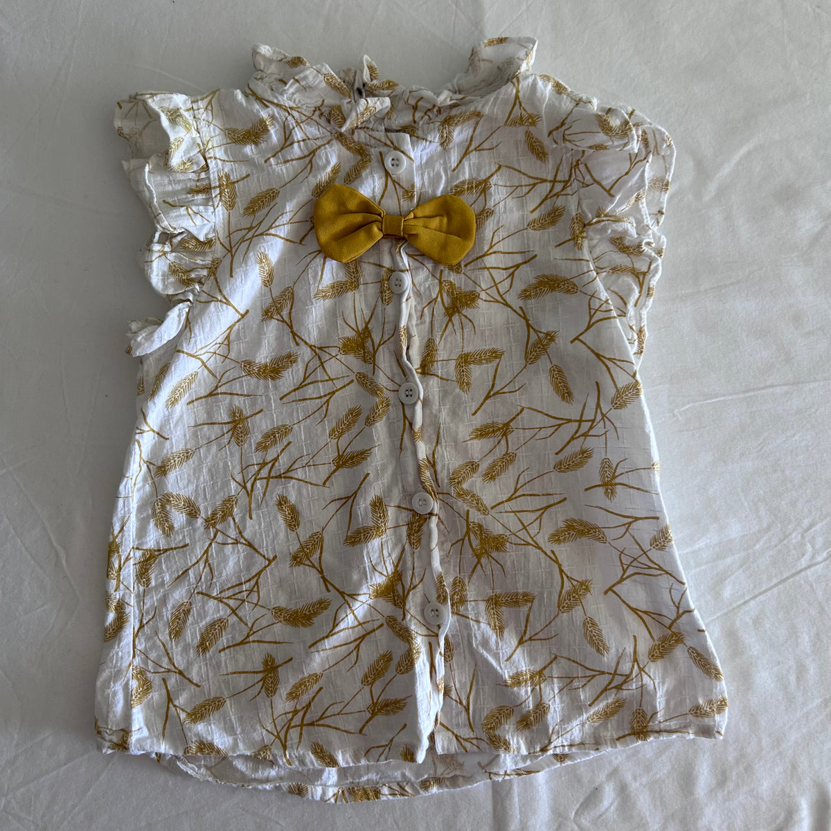 Short Sleeve Button-up Summer Top Age 7 White with Mustard Yellow Pattern