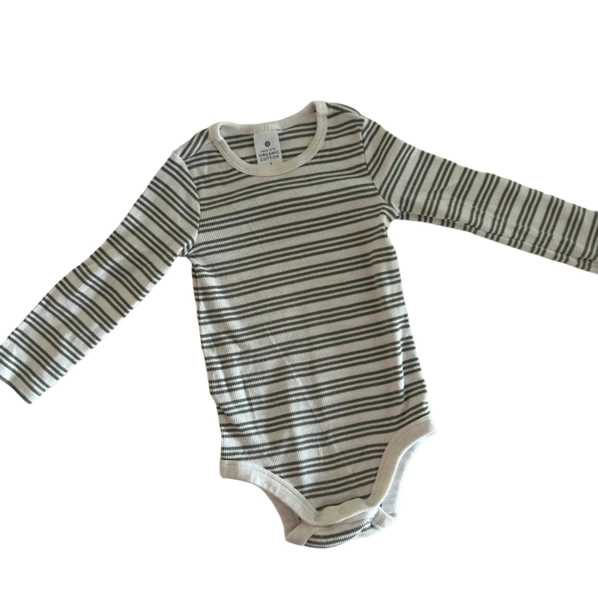 Target Age 1 long sleeve bodysuit in white and olive green with horizontal stripes — like new condition.