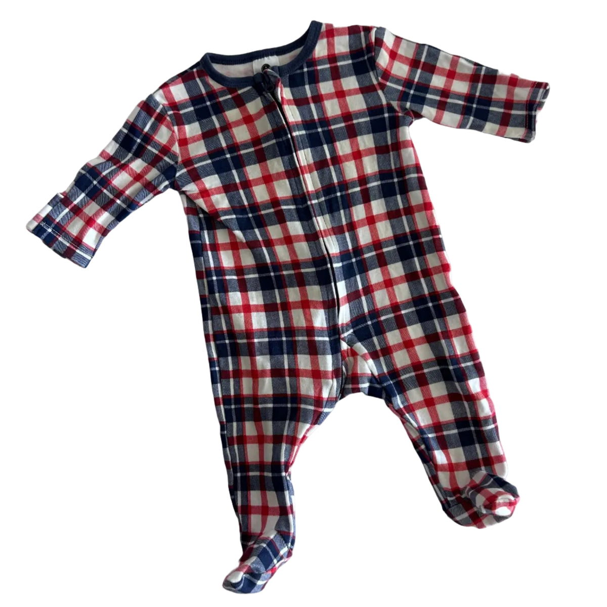 Dymples Age 000 long sleeve zip footed onesie in red, navy, white with plaid / tartan check — gently loved condition.