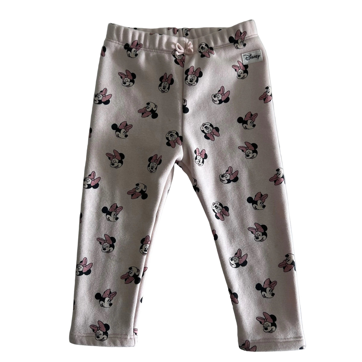 Disney Age 2 leggings in light pink, black, white, pink with allover minnie mouse face print — gently loved condition.