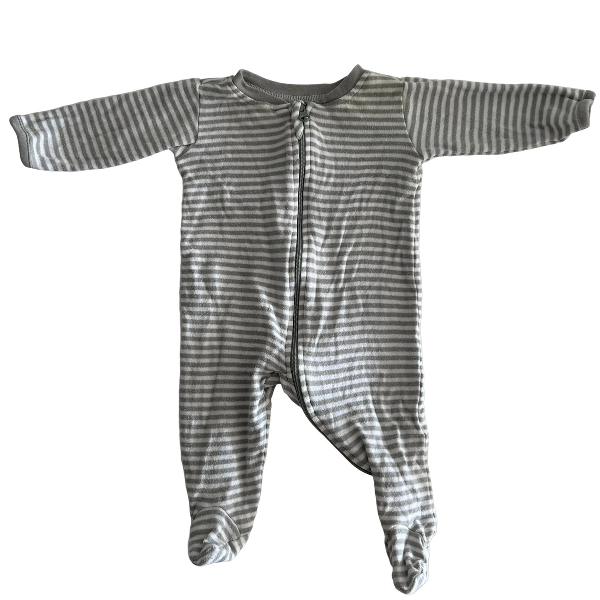 Anko Age 000 long sleeve zip footed onesie in grey and white with horizontal stripes — gently loved condition.