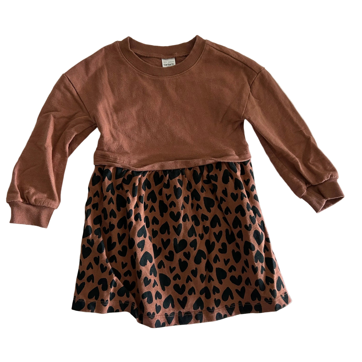 Carter's Age 2 long sleeve sweatshirt dress in rust brown, black with solid rust brown upper bodice, black heart print skirt — gently loved condition.