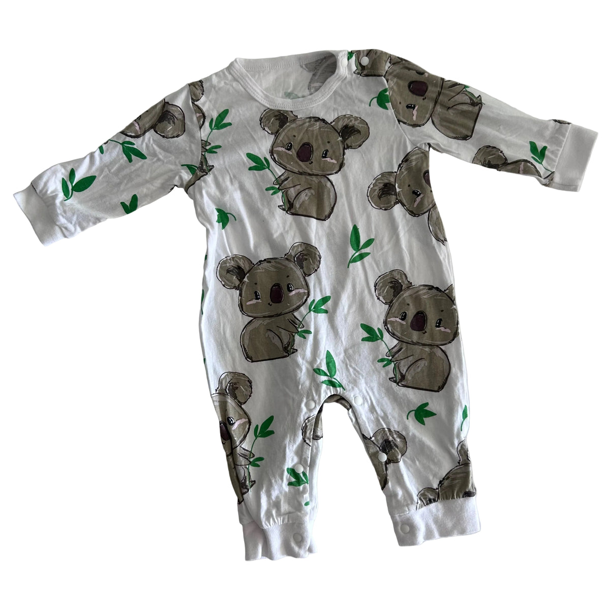 Unknown Age 00 (estimated based on similar sized onesies) long sleeve snap-crotch onesie in white, grey, green with all-over cartoon koala and eucalyptus leaf print — like new condition.