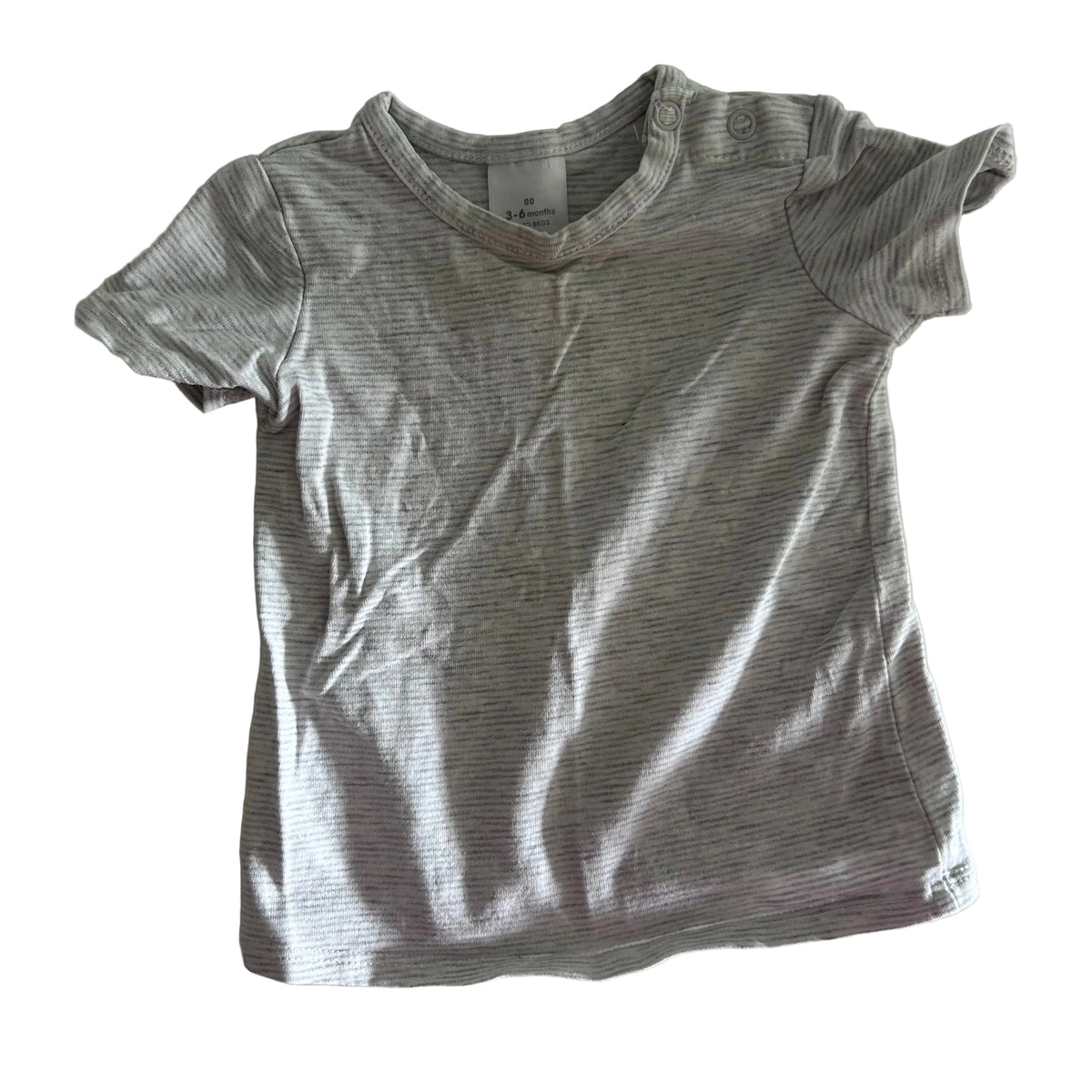 Target Age 00 short sleeve t-shirt in grey and white with fine horizontal stripes — gently loved condition.