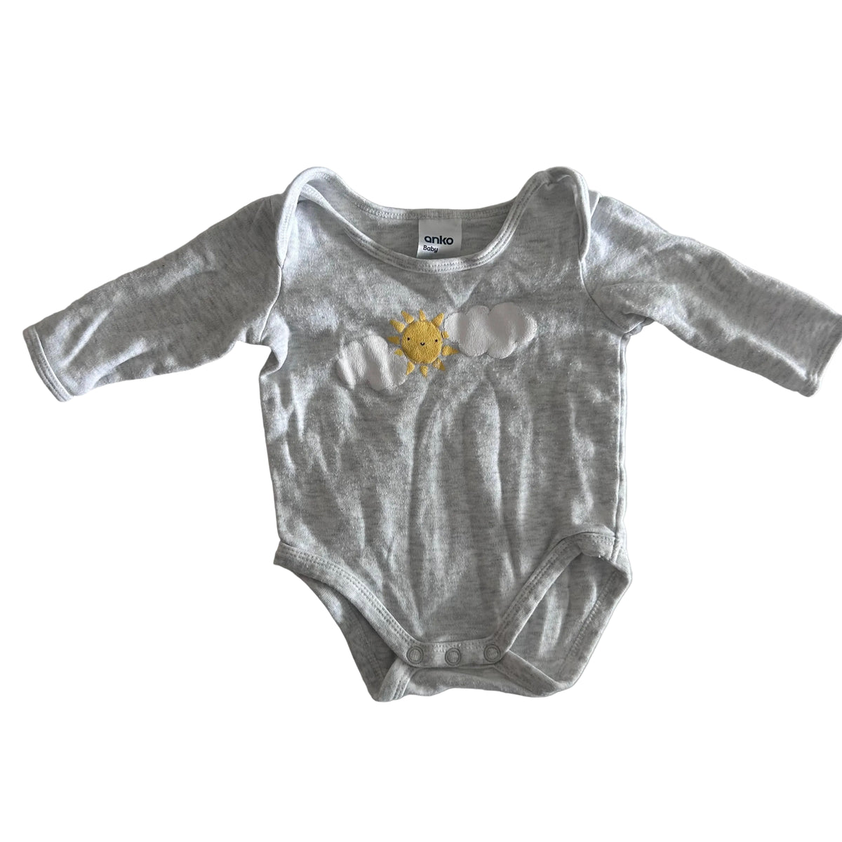 Anko Age 000 long sleeved bodysuit in grey marle with embroidered sun and appliqué clouds on chest — well loved condition.