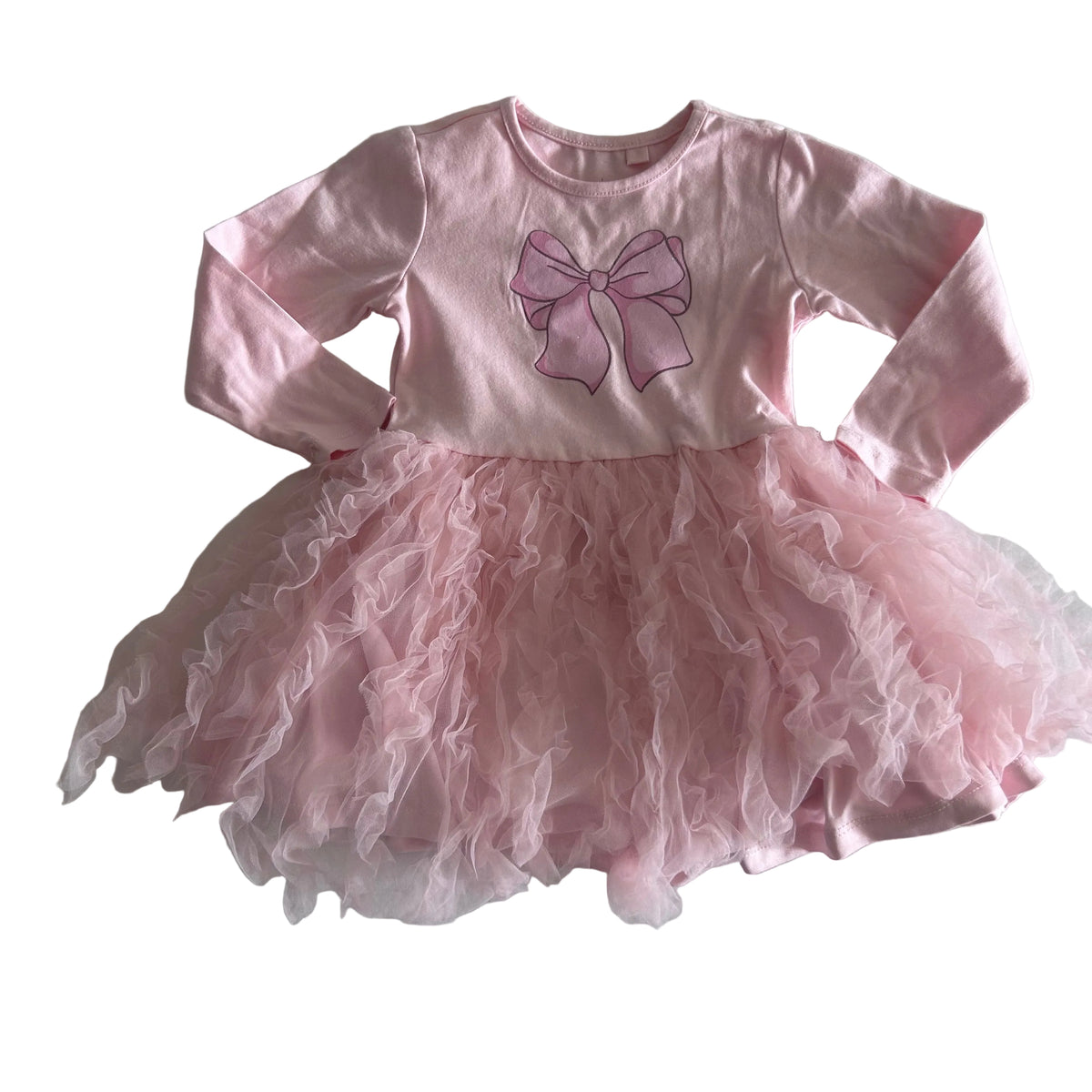 Anko Age 1 long sleeve tutu dress in pink with bow graphic print on bodice, ruffled tulle skirt — gently loved condition.