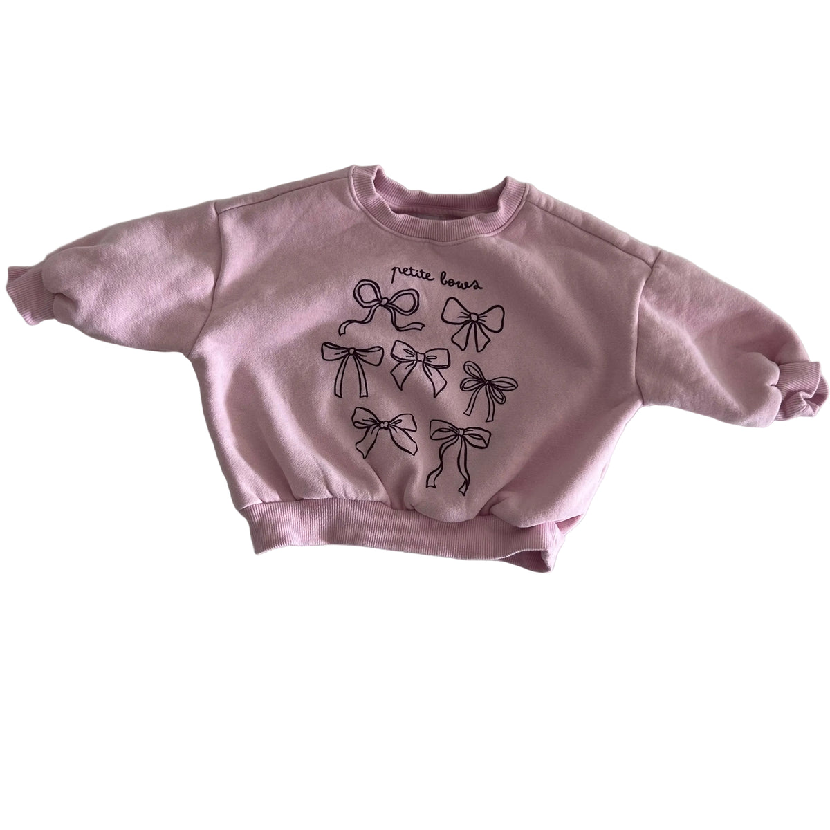Anko Age 1 crewneck sweatshirt in pink with outline bow illustrations with 'petite bows' text graphic — like new condition.