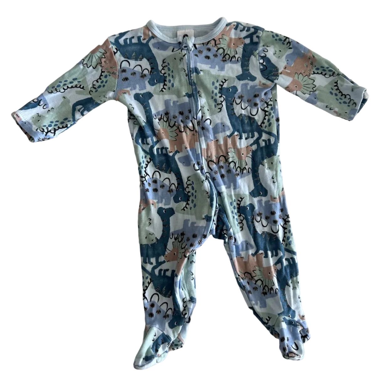 Dymples Age 00 long sleeve footed zippy onesie in light blue, teal, sage green, tan, white with all-over dinosaur print — like new condition.
