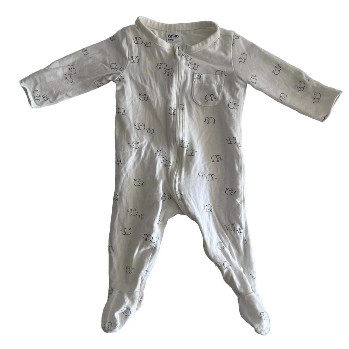 Anko Age 000 long sleeve zip footed onesie in white with allover small elephant print — gently loved condition.