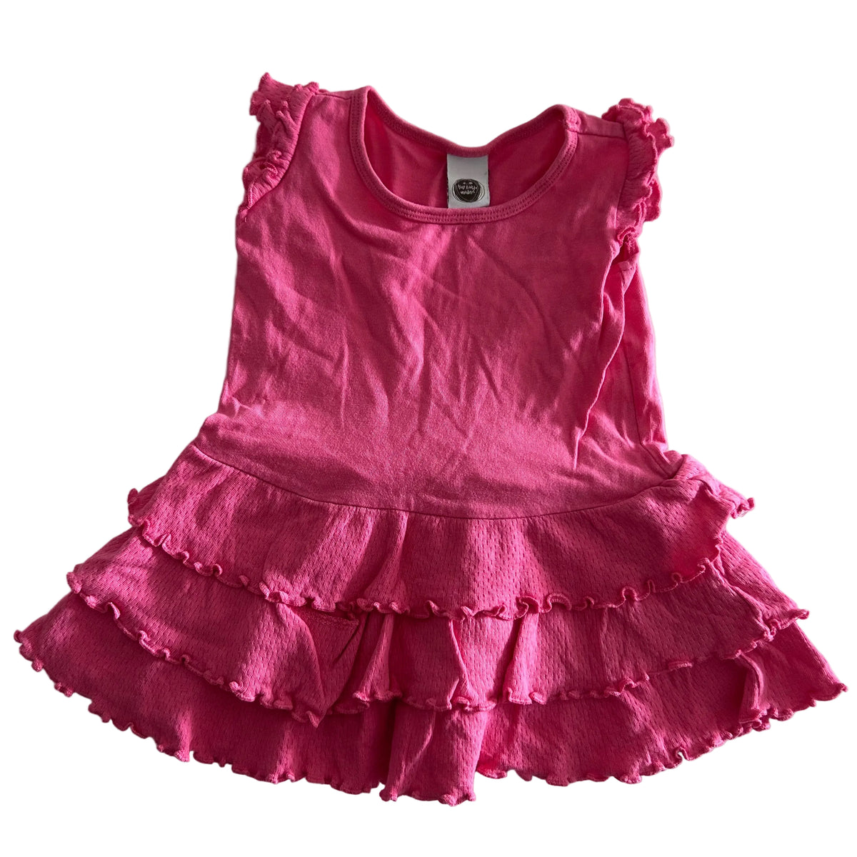My Little Wonder Age 0 sleeveless tiered ruffle dress in hot pink with frill/ruffle trim on sleeves and tiered skirt layers — gently loved condition.