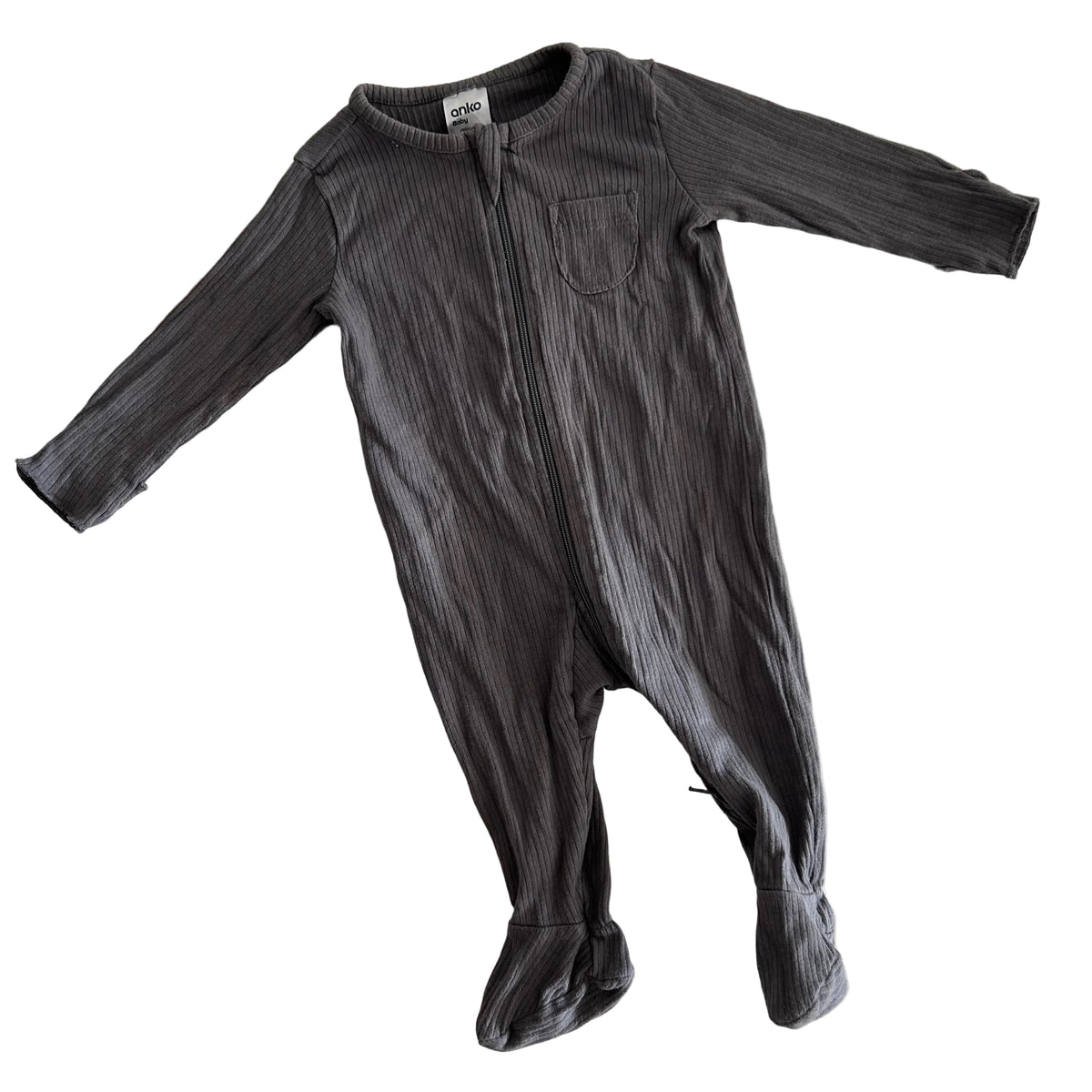 Anko Baby Age 000 long sleeve zip footed onesie in charcoal grey with ribbed texture, pocket on front — gently loved condition.