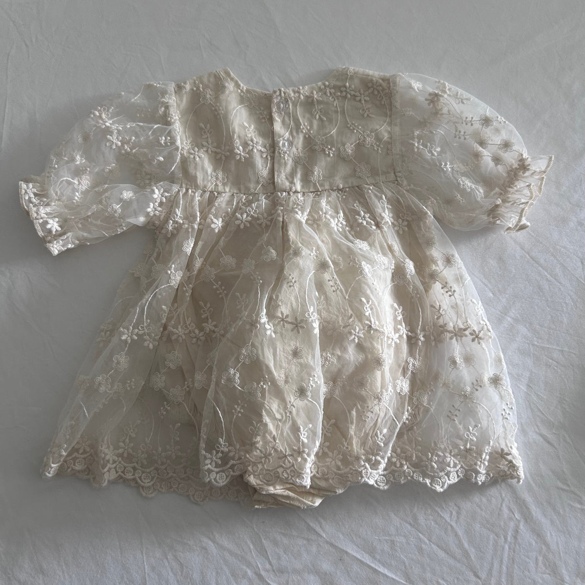 Ruffle Sleeve Lace Overlay Dress Baby Age 0 Cream Floral Embroidery