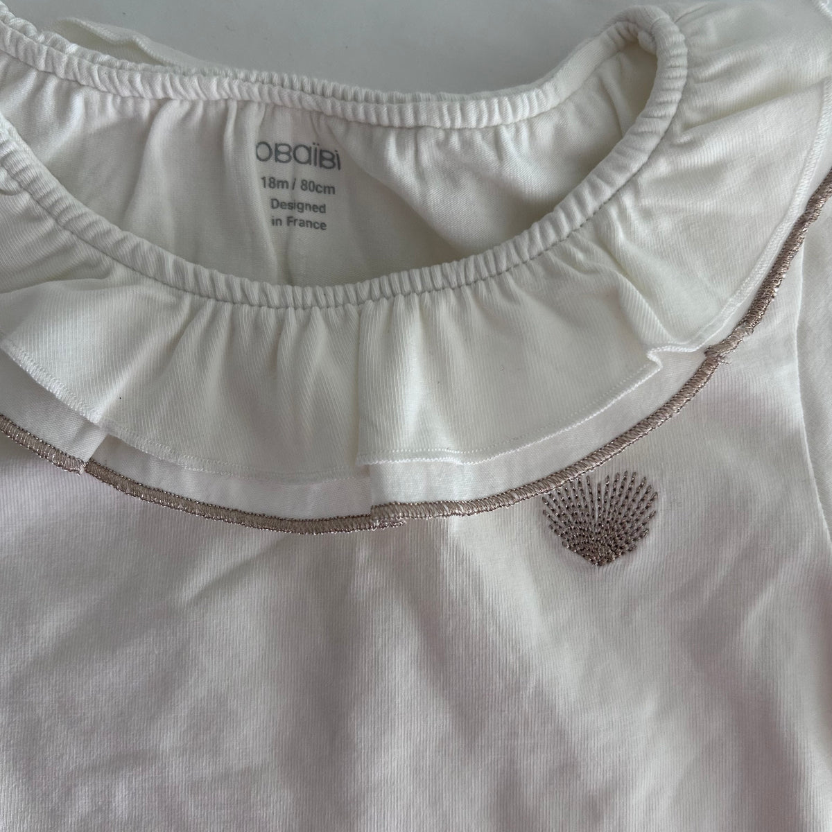 Obaïbi Long Sleeved Ruffle Collar Top Age 1 White & Gold