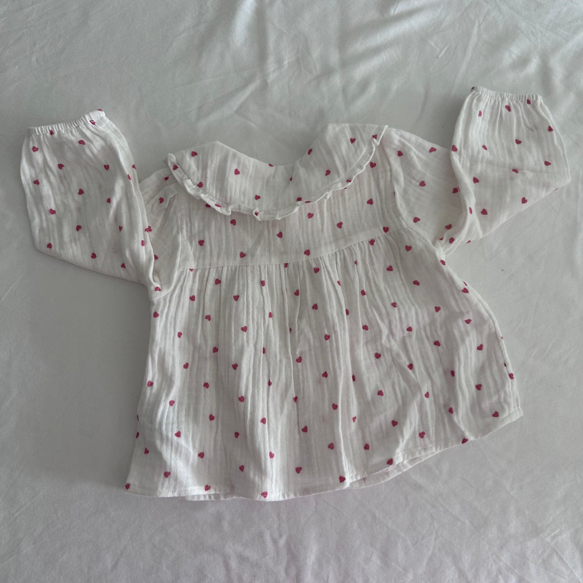 Vertbaudet Long Sleeved Button Up Blouse Age 1 White with Pink Hearts