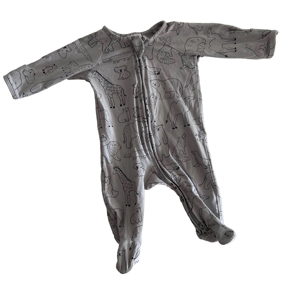 Target Age 0000 long sleeve zippy onesie in grey with all-over animal print (giraffe, bear, koala, crocodile, lion) in black outline on grey — gently loved condition.