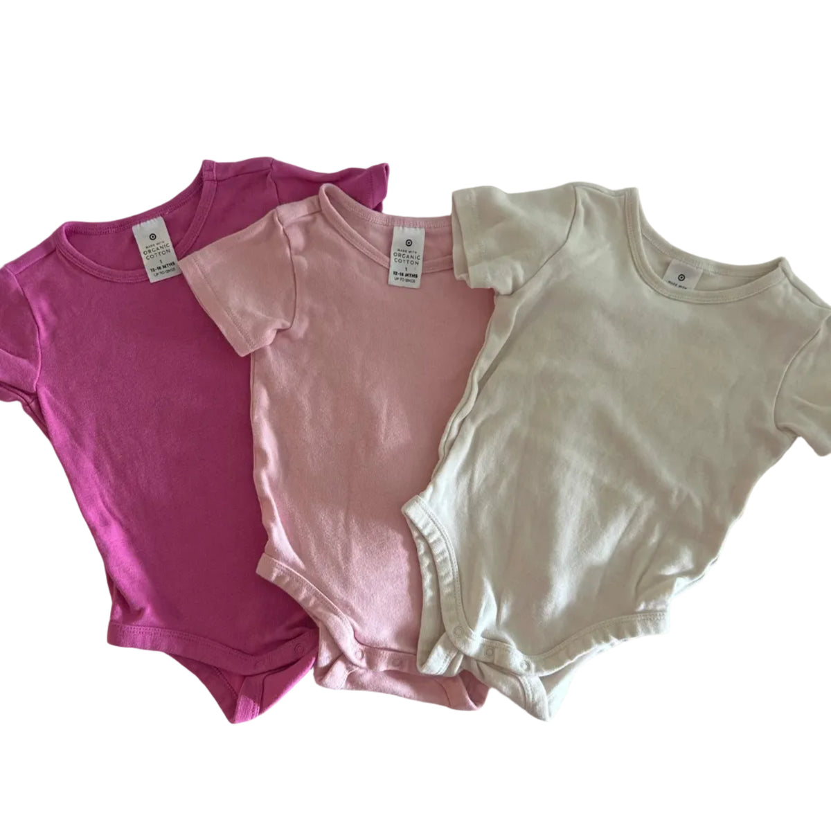 Target Age 1 short sleeve bodysuit in magenta pink, light pink & cream with plain — gently loved condition.