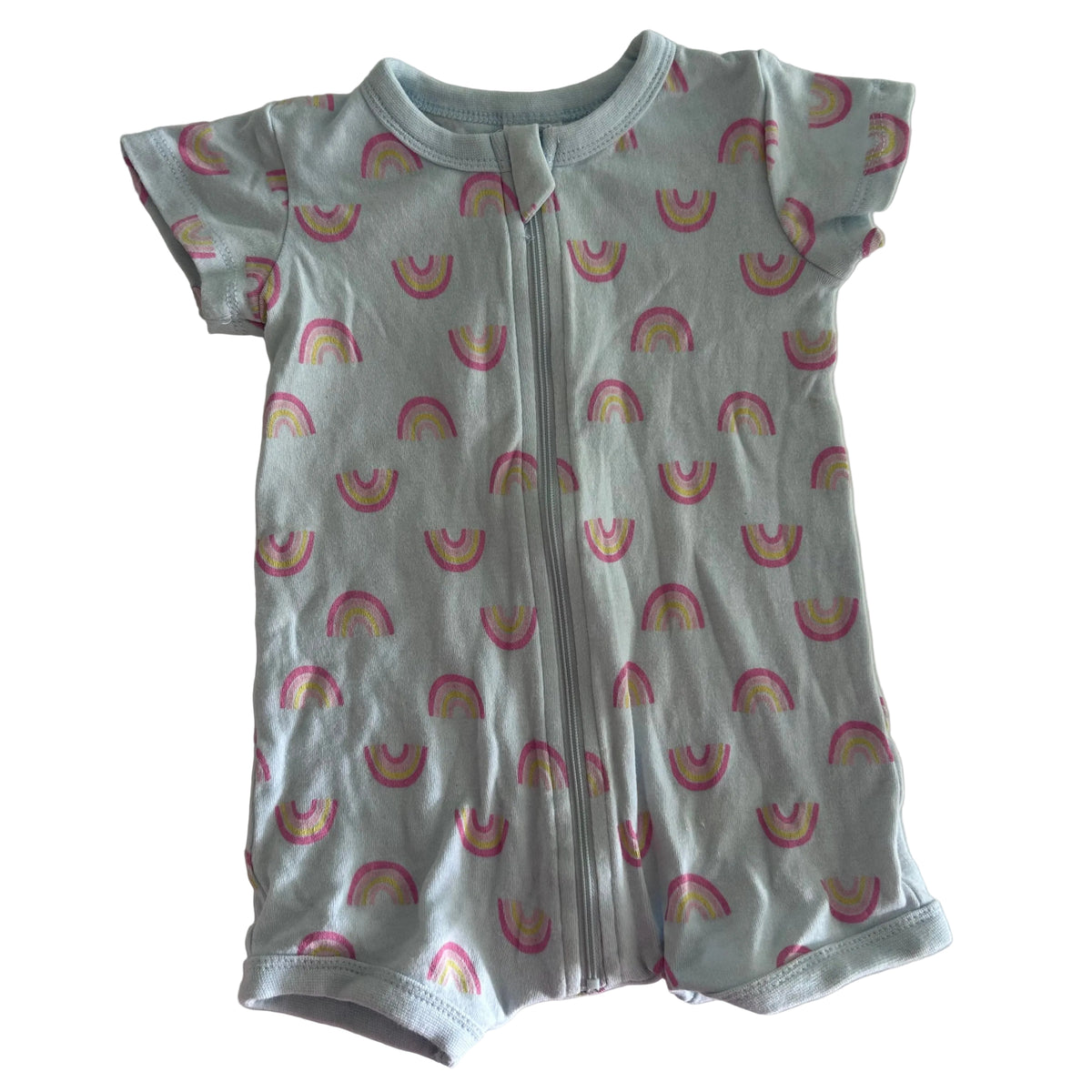 Baby Berry Age 0 short sleeve zip romper in light blue, pink, yellow with rainbow print — gently loved condition.