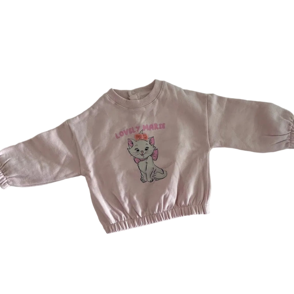 Disney Age 1 long sleeve sweatshirt in light pink with marie cat graphic print with bow and text 'lovely marie' on front — like new condition.