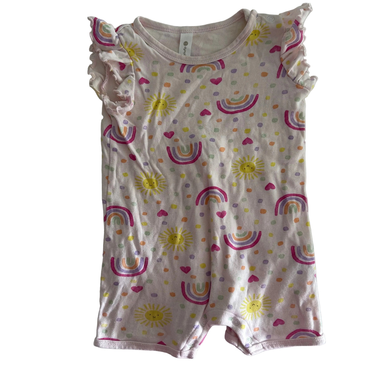 Dymples Age 0 short sleeve flutter sleeve romper in light pink with rainbows, suns, hearts and multicolour spots print — gently loved condition.