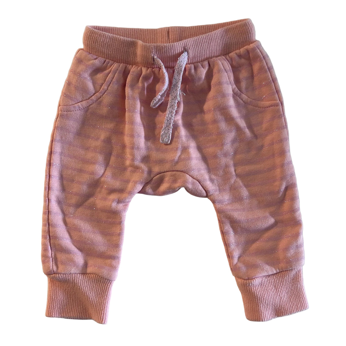 Target Age 000 trousers / harem jogger pants in peach & pink with horizontal stripes with glitter drawstring — gently loved condition.