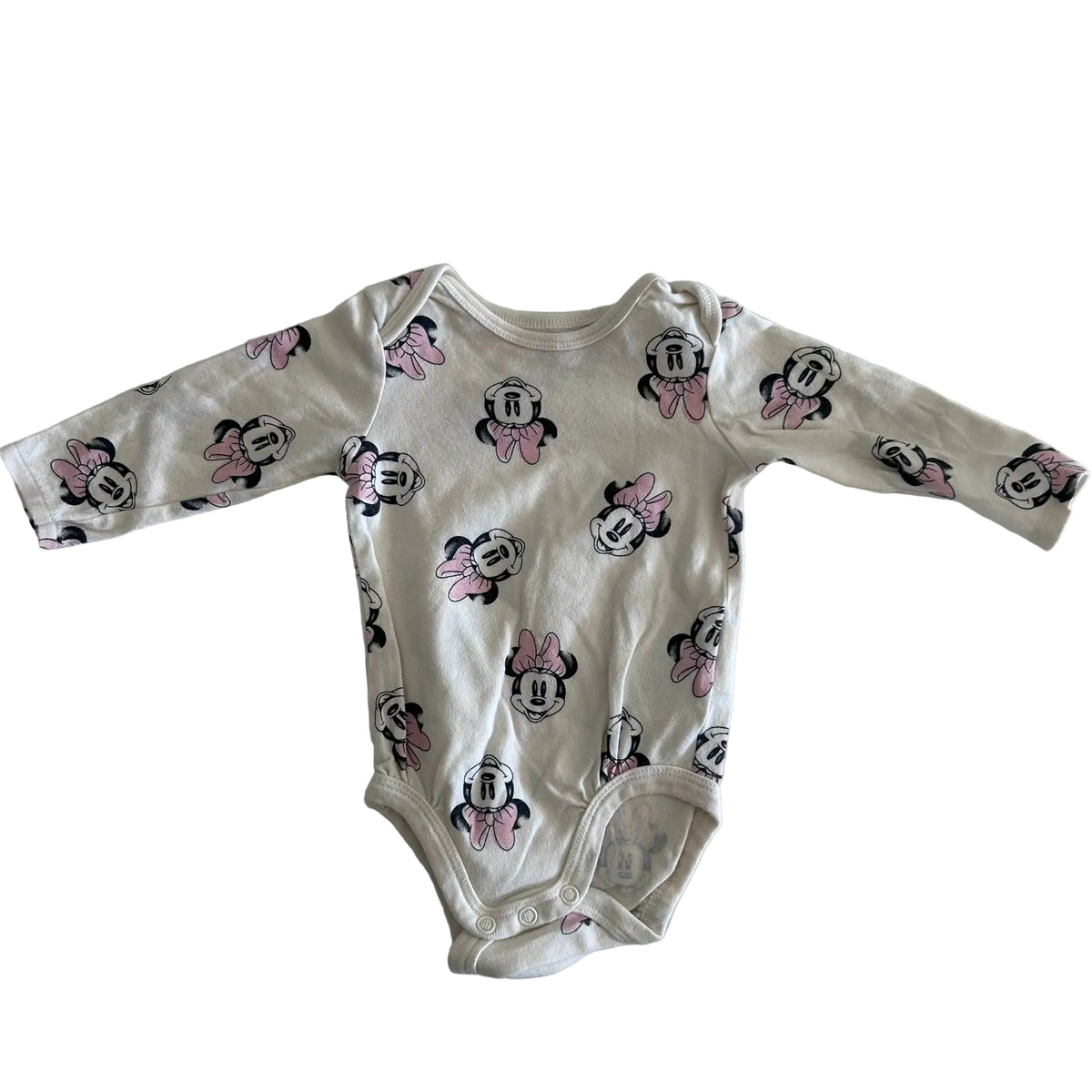 H&M Age 000 long sleeve bodysuit in cream, pink, black with minnie mouse all-over print — gently loved condition.