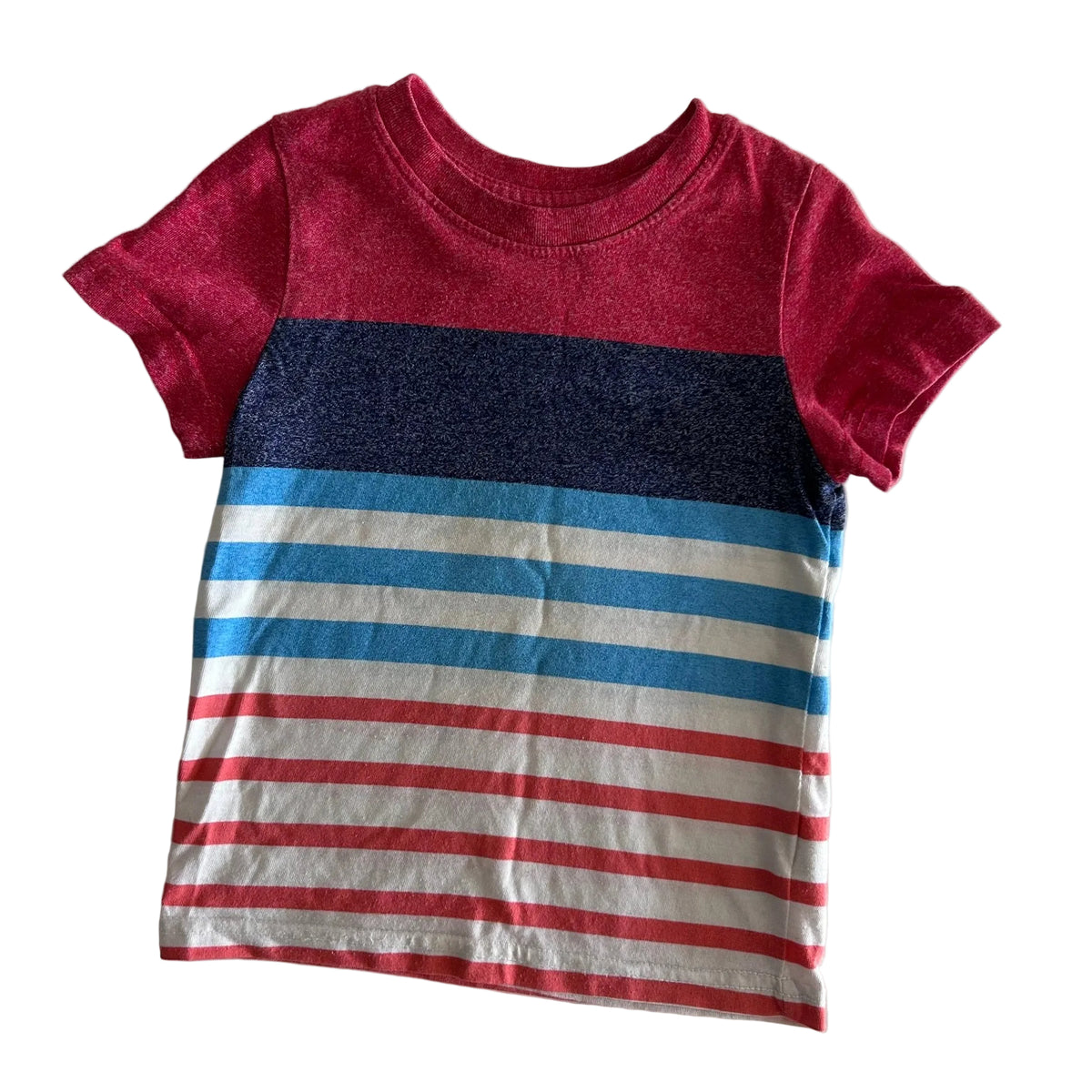 Cat & Jack Age 1 short sleeve t-shirt in red, navy, light blue, white with colour block top with horizontal stripes on lower body — gently loved condition.