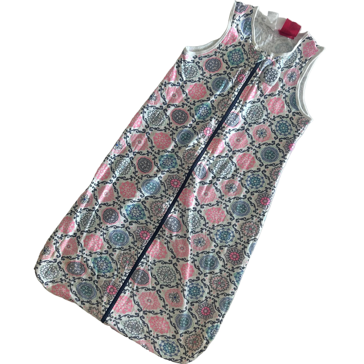 Baby Berry Age 2 sleeveless zip-up sleep sack / wearable blanket / sleeping bag in white, pink, teal, navy with mandala / medallion floral print — gently loved condition.
