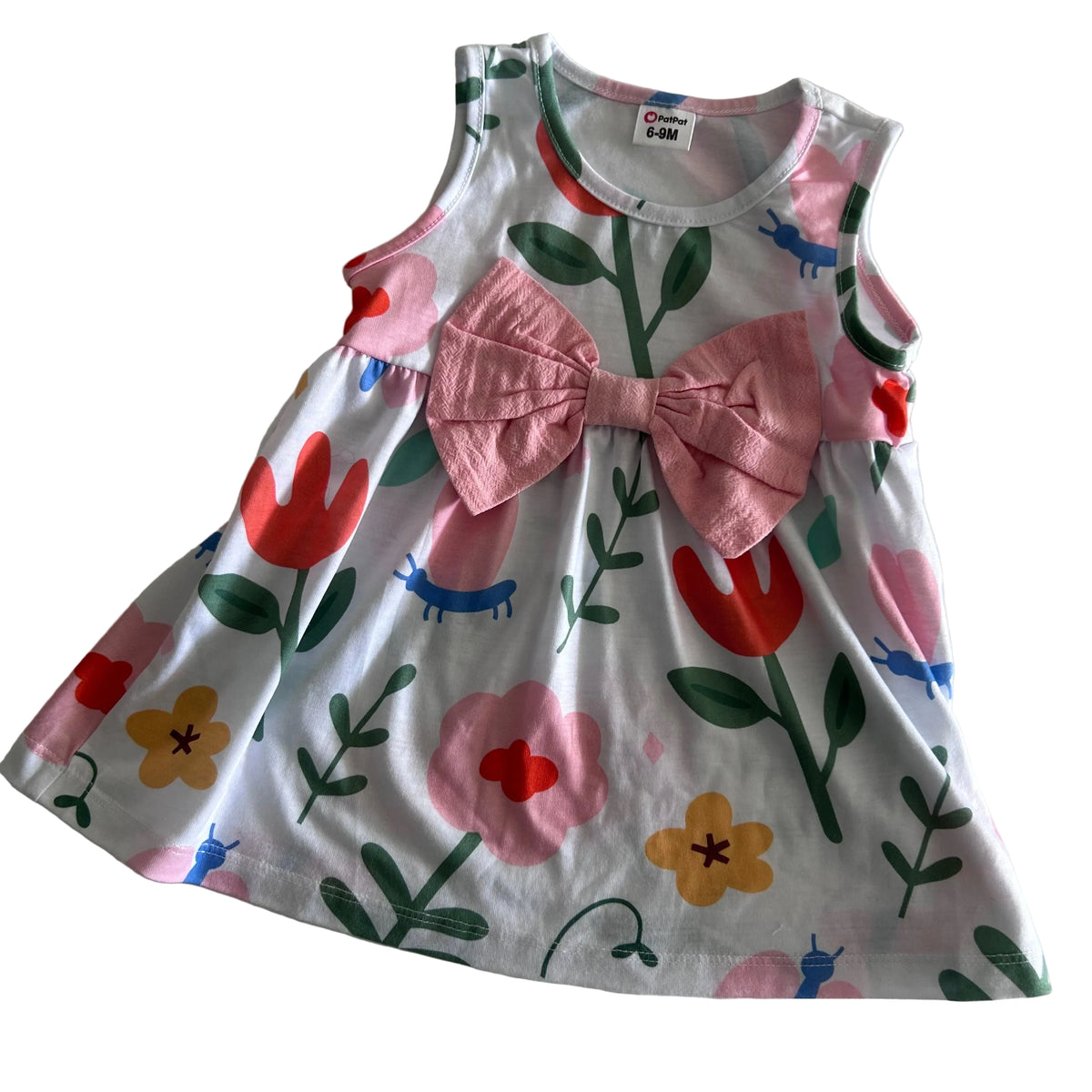 PatPat Age 0 sleeveless dress in white, pink, red, green, yellow, blue with allover floral and bug print with large pink bow detail — like new condition.