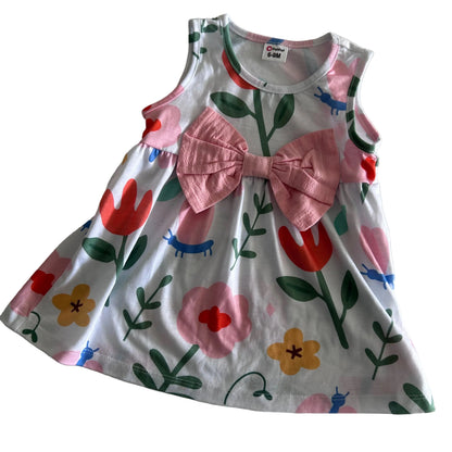 PatPat Age 0 sleeveless dress in white, pink, red, green, yellow, blue with allover floral and bug print with large pink bow detail — like new condition.