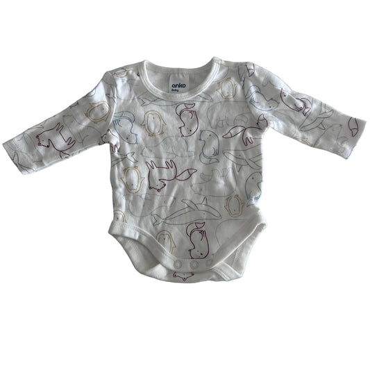 Anko Baby Age 0000 long sleeve bodysuit in white with outline animal print (penguins, polar bears, whales, rabbits, birds in multicolour lines) — like new condition.