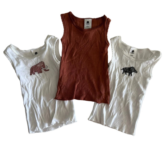 Dymples Age 000 sleeveless singlet in rust/terracotta and white with plain ribbed — gently loved condition.