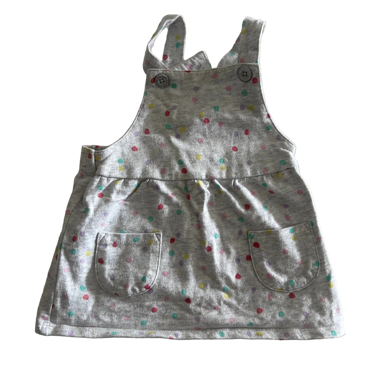 Target Age 00 pinafore dress in grey with multicolour polka dots — gently loved condition.