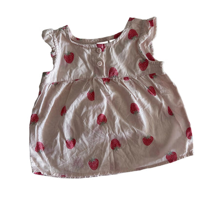 Target Age 0 sleeveless flutter sleeve dress in light pink, red with strawberry print — gently loved condition.