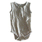 Sapling Age 0 sleeveless snap-crotch bodysuit in white, yellow with scattered small floral print — gently loved condition.