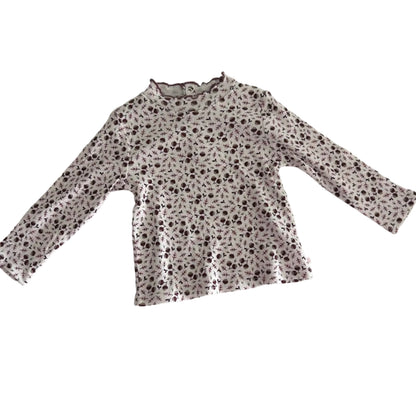 Obaibi Age 2 long sleeved top in white, dusty pink, brown with allover acorn and twig print, frill neck collar — like new condition.