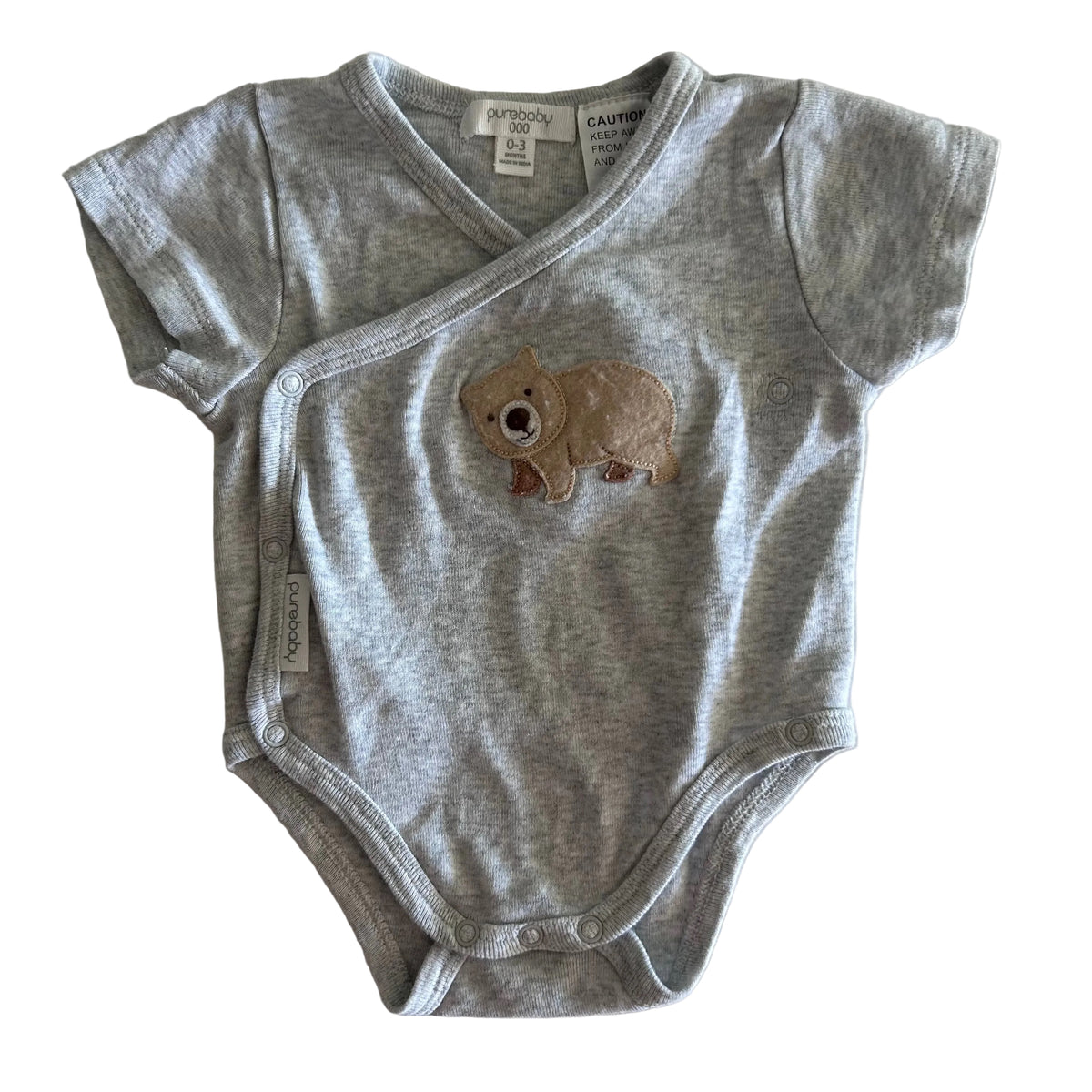 Purebaby Age 000 short sleeve wrap bodysuit in grey marle with wombat appliqué on chest — gently loved condition.