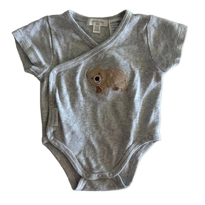 Purebaby Age 000 short sleeve wrap bodysuit in grey marle with wombat appliqué on chest — gently loved condition.