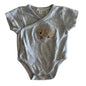 Purebaby Age 000 short sleeve wrap bodysuit in grey marle with wombat appliqué on chest — gently loved condition.