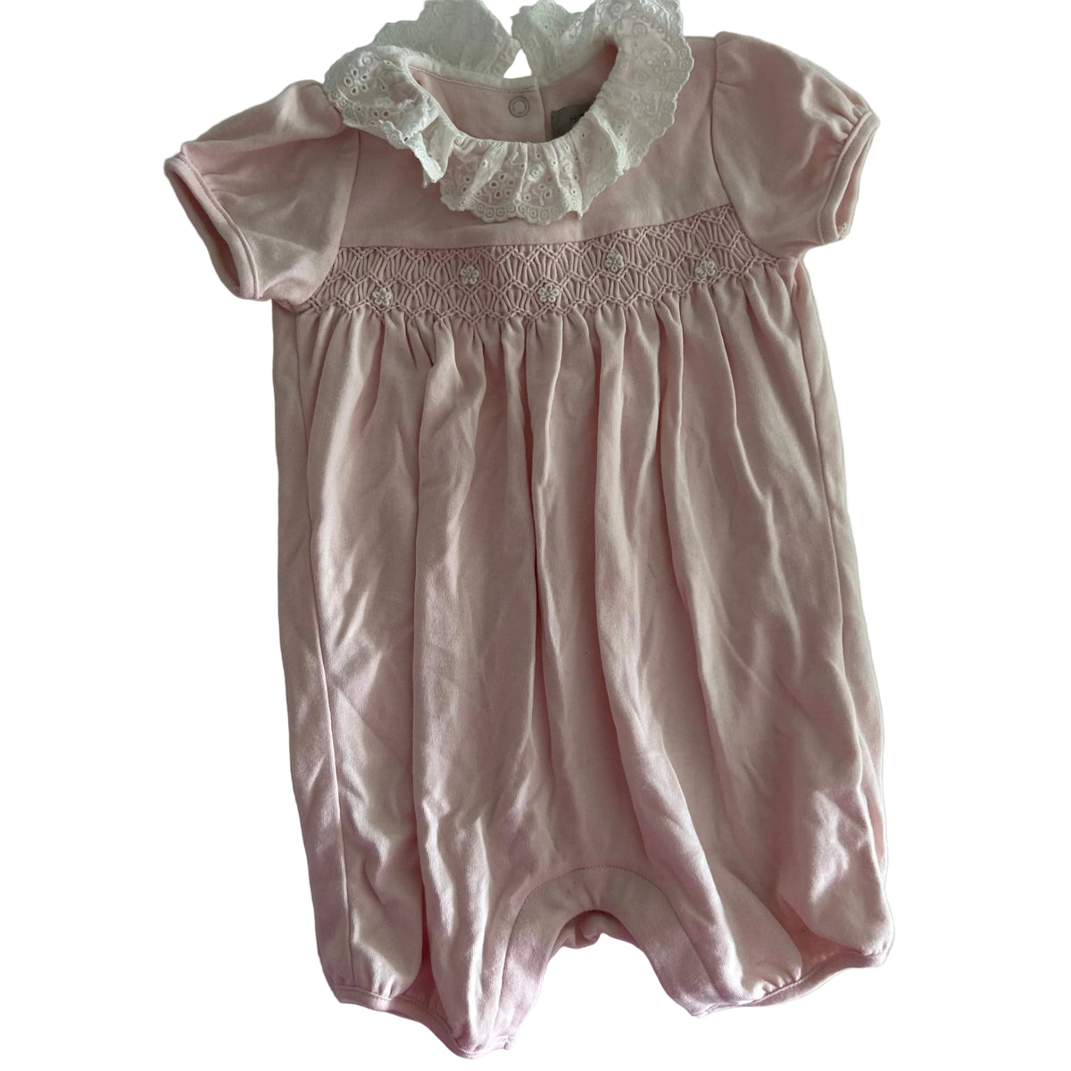 John Lewis Age 0 short sleeve smocked romper in pink, white with smocking detail on chest, white broderie anglaise lace collar — gently loved condition.