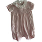 John Lewis Age 0 short sleeve smocked romper in pink, white with smocking detail on chest, white broderie anglaise lace collar — gently loved condition.