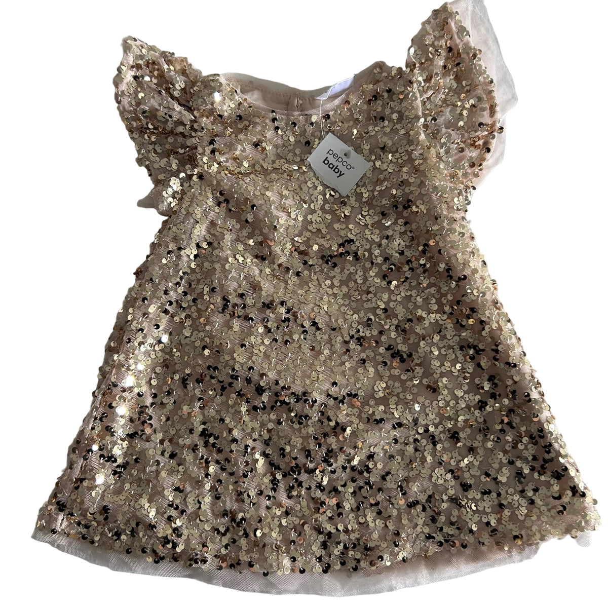 Pepco Baby Age 0 sleeveless sequin party dress in champagne gold with all-over sequins with flutter sleeves and tulle trim — new condition.
