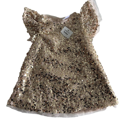 Pepco Baby Age 0 sleeveless sequin party dress in champagne gold with all-over sequins with flutter sleeves and tulle trim — new condition.