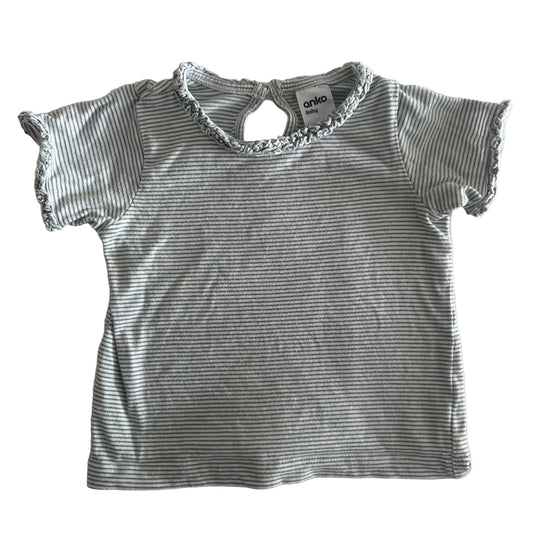 Anko Age 0 short sleeve frill top in sage green and white with thin horizontal stripes, frill/lettuce hem neckline and sleeve edges, keyhole back — gently loved condition.