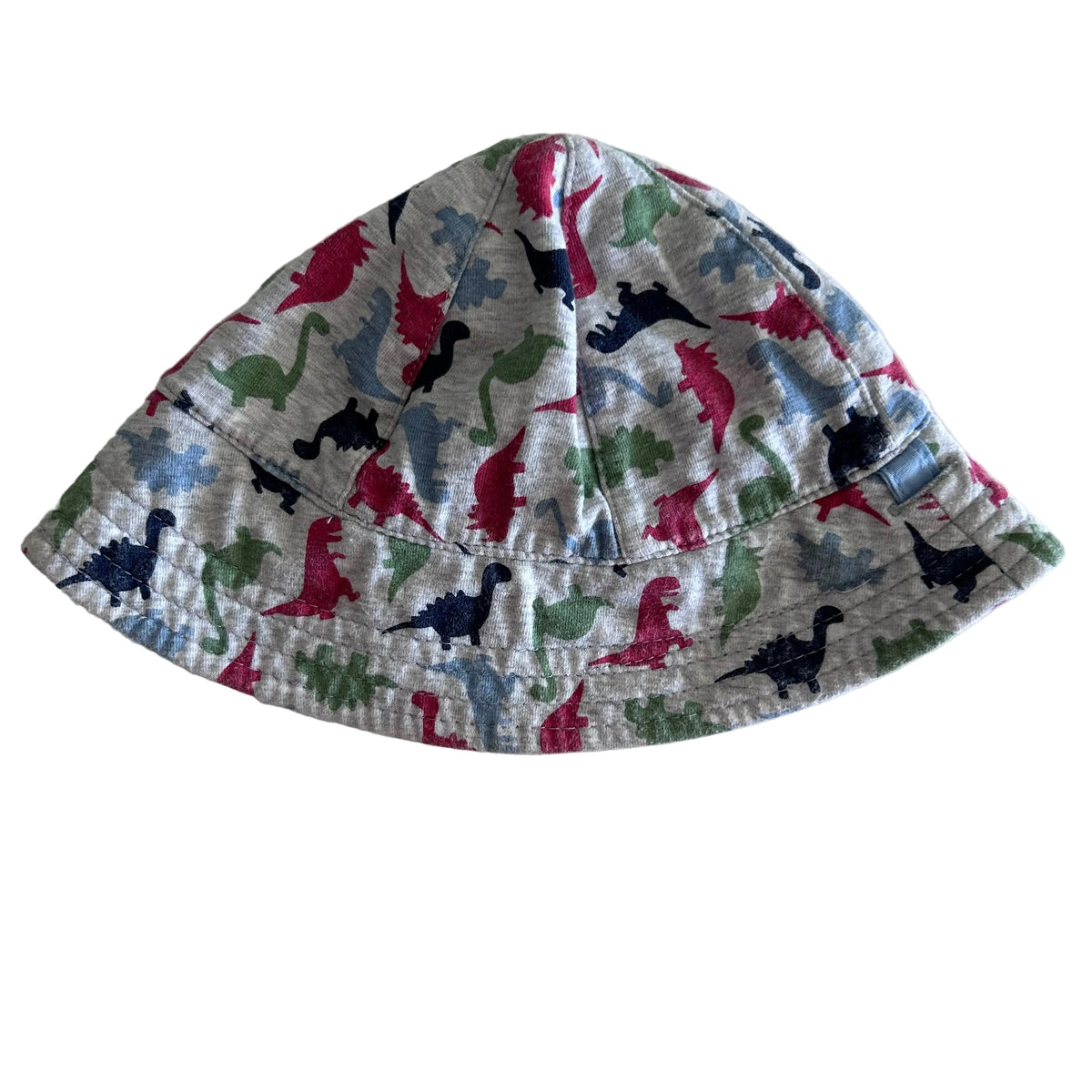 Age 00 bucket hat in grey, red, green, navy, blue with all-over multicolour dinosaur silhouette print — gently loved condition.