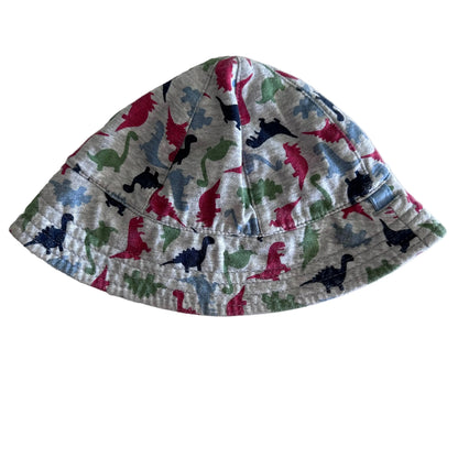 Age 00 bucket hat in grey, red, green, navy, blue with all-over multicolour dinosaur silhouette print — gently loved condition.