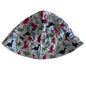 Age 00 bucket hat in grey, red, green, navy, blue with all-over multicolour dinosaur silhouette print — gently loved condition.