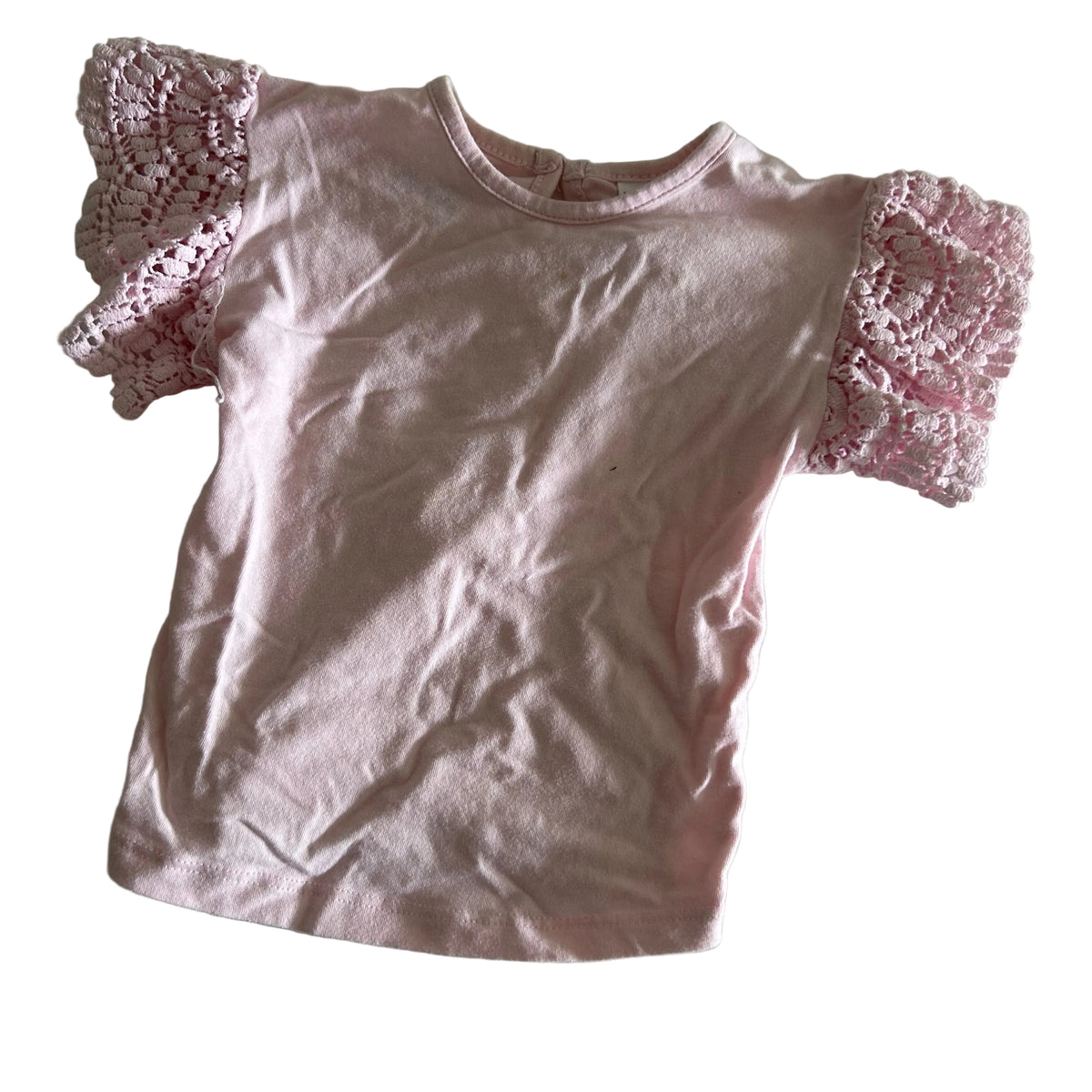 Baby Berry Age 0 short sleeve t-shirt with crochet puff sleeves in light pink with crochet lace puff sleeves — gently loved condition.