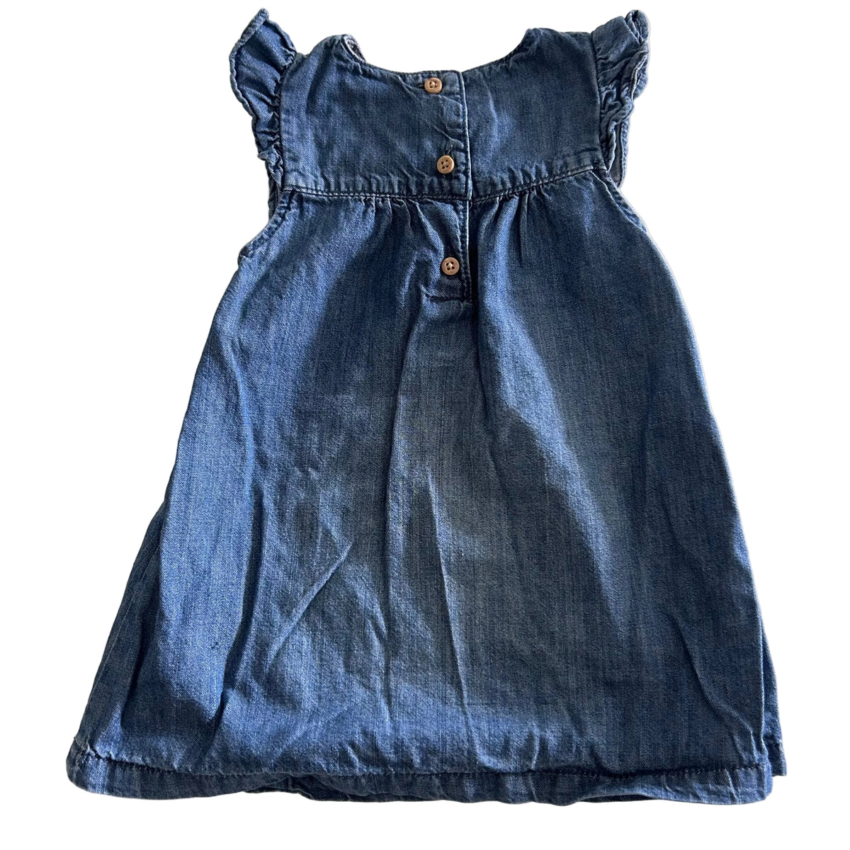 H&M Age 00 sleeveless denim dress with ruffle trim in blue with ruffled neckline and flutter sleeves, empire waist gather — gently loved condition.