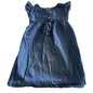H&M Age 00 sleeveless denim dress with ruffle trim in blue with ruffled neckline and flutter sleeves, empire waist gather — gently loved condition.